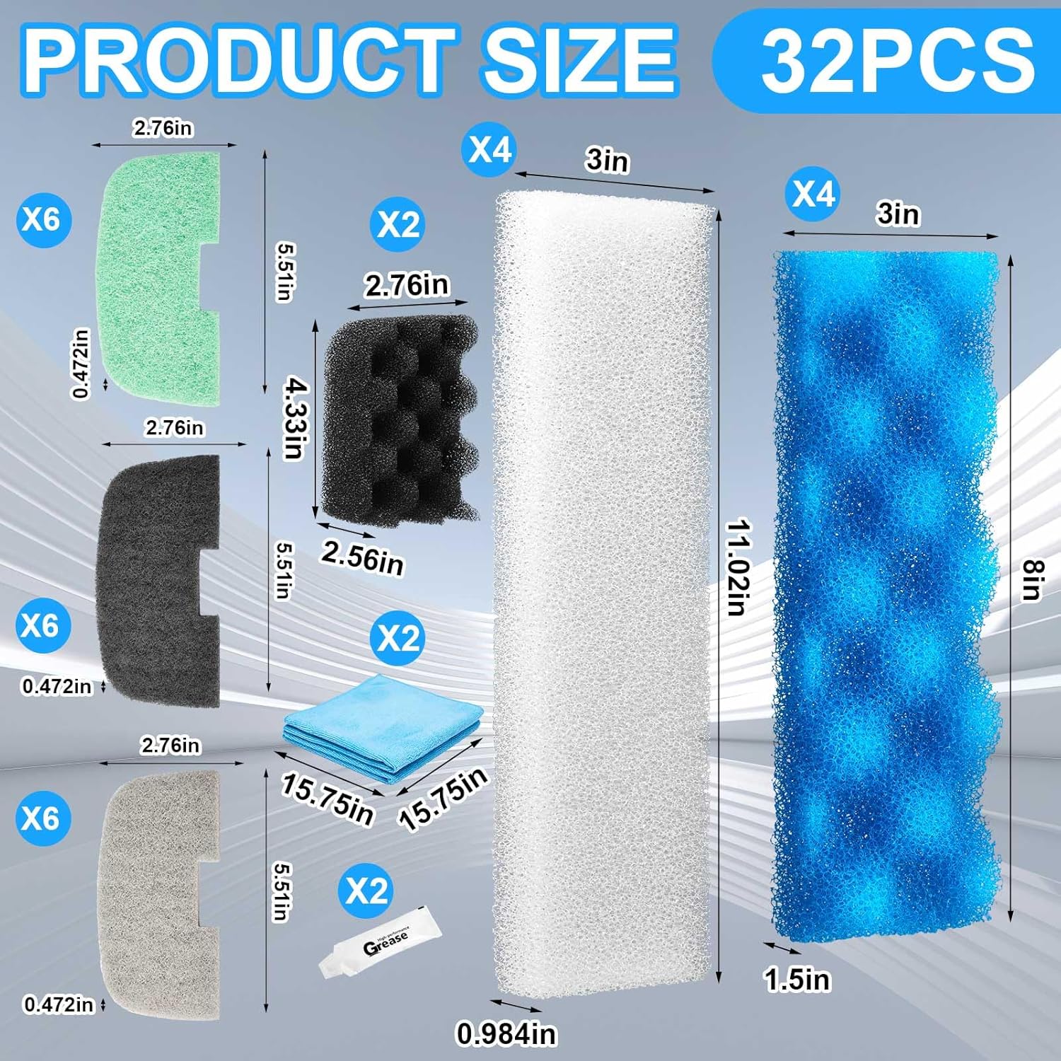 32 Pcs Aquarium Replacement Maintenance Kit Compatible with Fluval 206/207 Filter Media Including Biological Sponge, Ammonia/Phosphate/Nitrite Remover Pad, Aquarium Towel, Grease