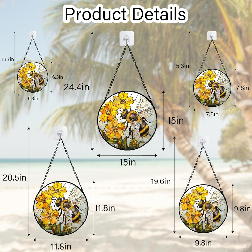 Stained Glass Window Hanging - Yellow Bees Gathering Flowers Sun Catcher for Door Garden Home Decor Cute Suncatcher Christmas Mother's Day Birthday Gifts for Women Men Mom Nana 9.8 in