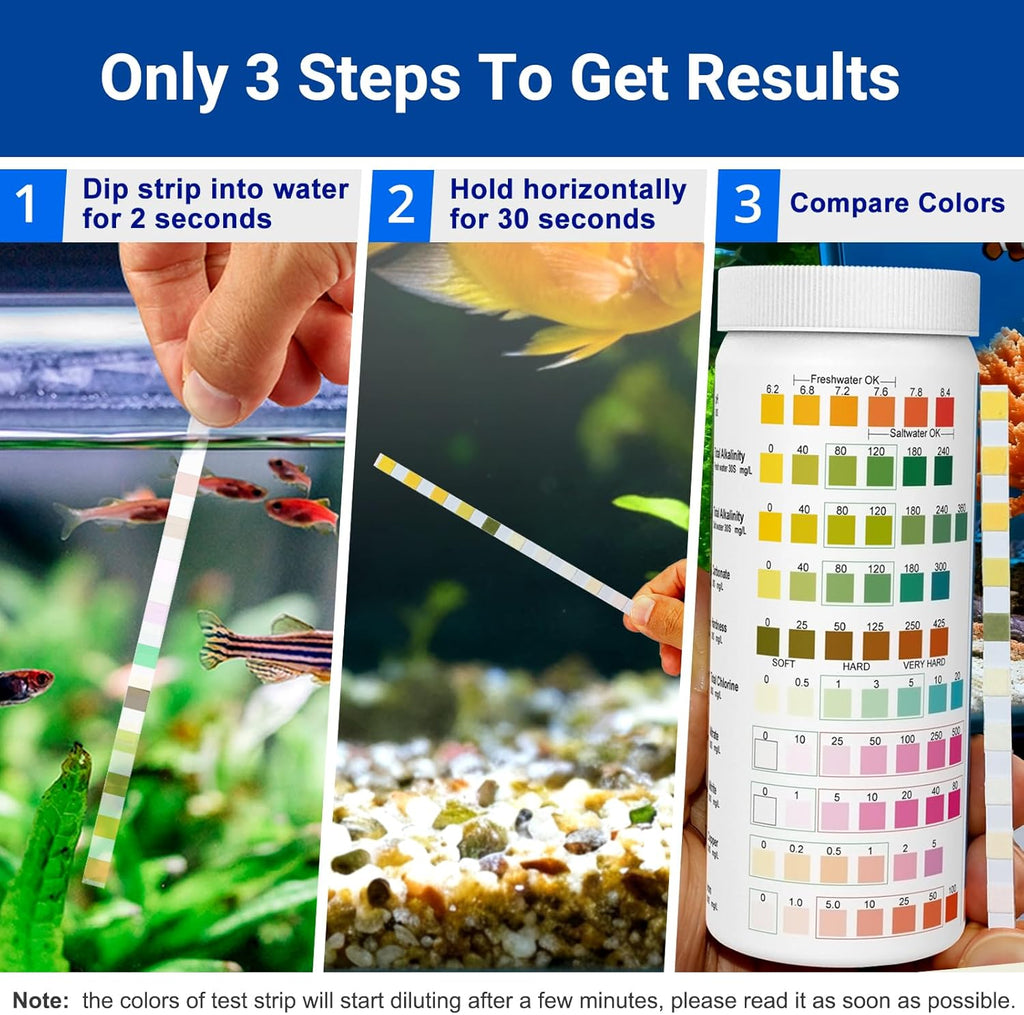 11 in 1 Aquarium Test Strips - 150 Counts Freshwater & Saltwater Fish Tank Water Test Kit, Quick Accurate Testing for pH, Ammonia, Nitrate, Nitrite, GH, KH, Alkalinity, Chlorine,Carbonate,Temp,More