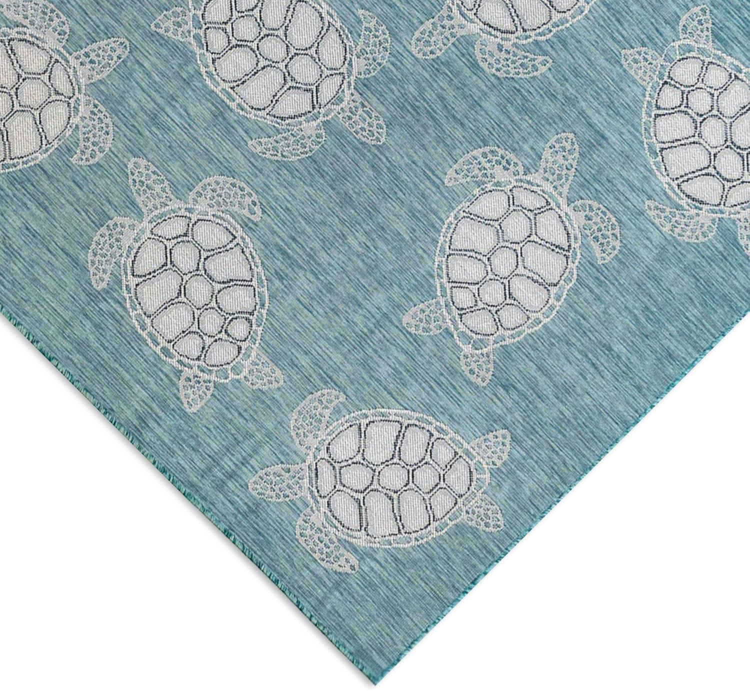 Liora Manne CARMEL Indoor/Outdoor Power Loomed Synthetic Blend Low Profile Area Rug - Transitional Coastal Turtle Decorative (Seaturtles Aqua) (7'10" Round)