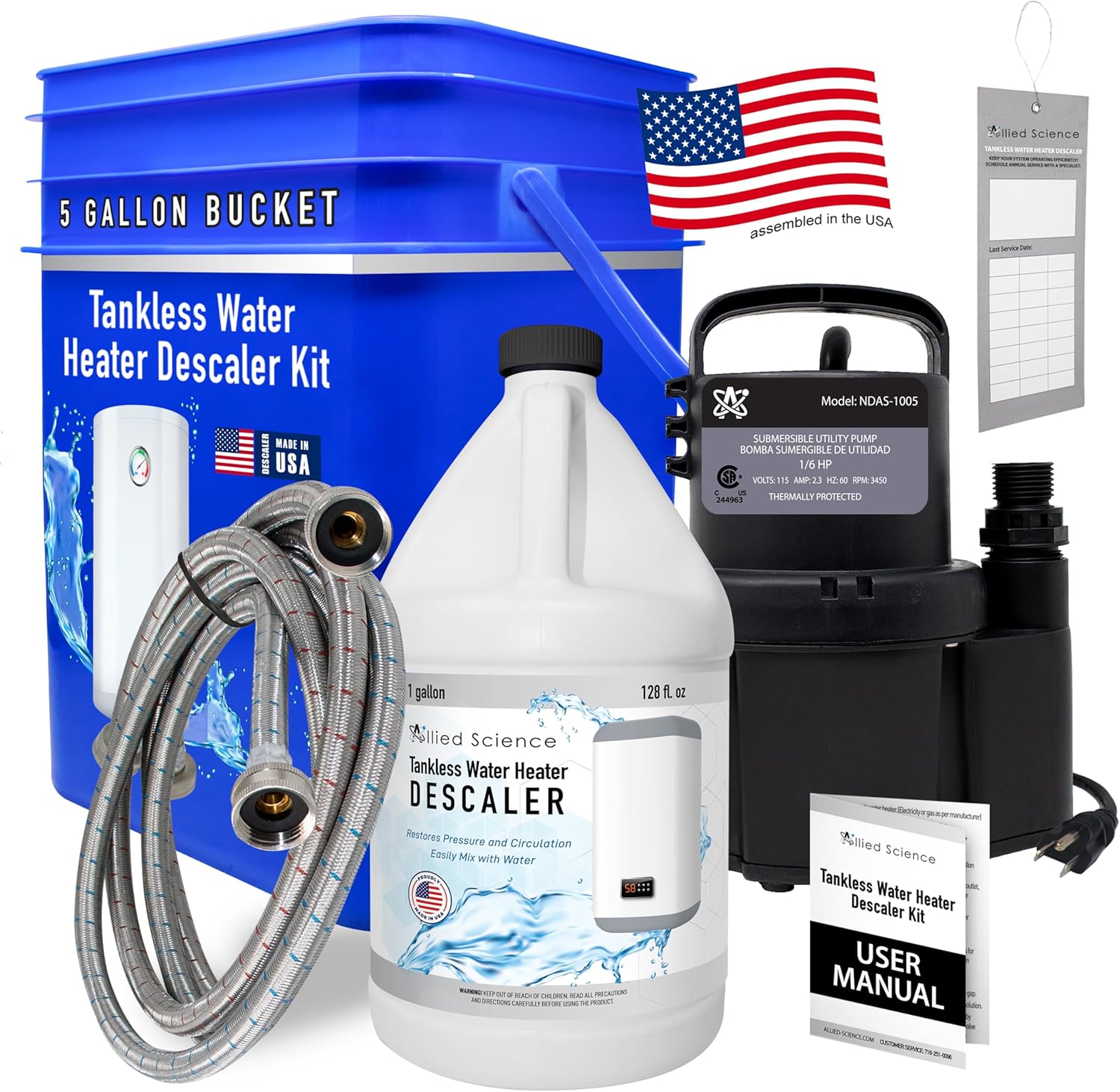 Tankless Water Heater Flushing Kit with Square 5-Gallon Bucket, Steel Hoses, 1/6 HP Pump, and Gallon Eco-Friendly Descaler