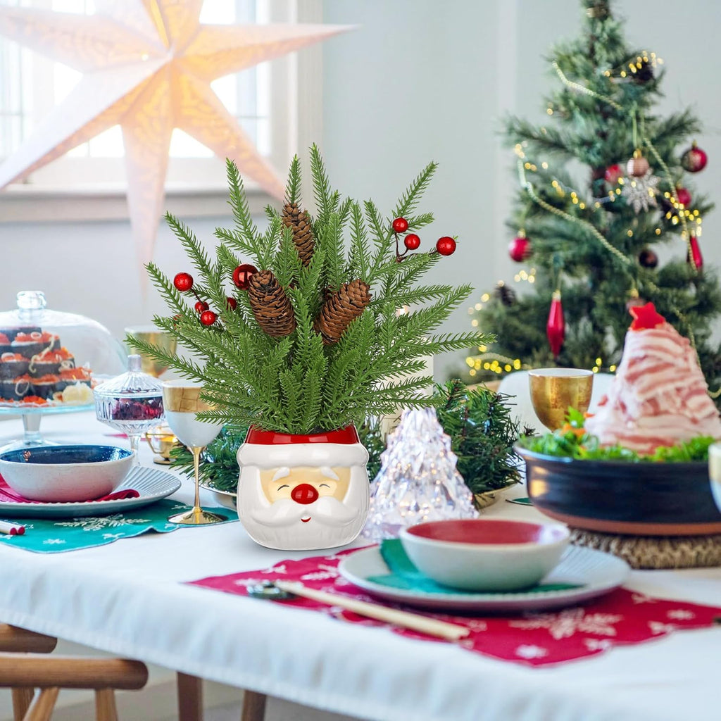 Hollyone Small Norfolk Pine Tree 10" Christmas Tree Tabletop Snowman Potted Plants with Vase Artificial Mini Xmas Tree Plant with Christmas Ball Ornaments Berries Pine Cones Slim Tree Party Home Decor