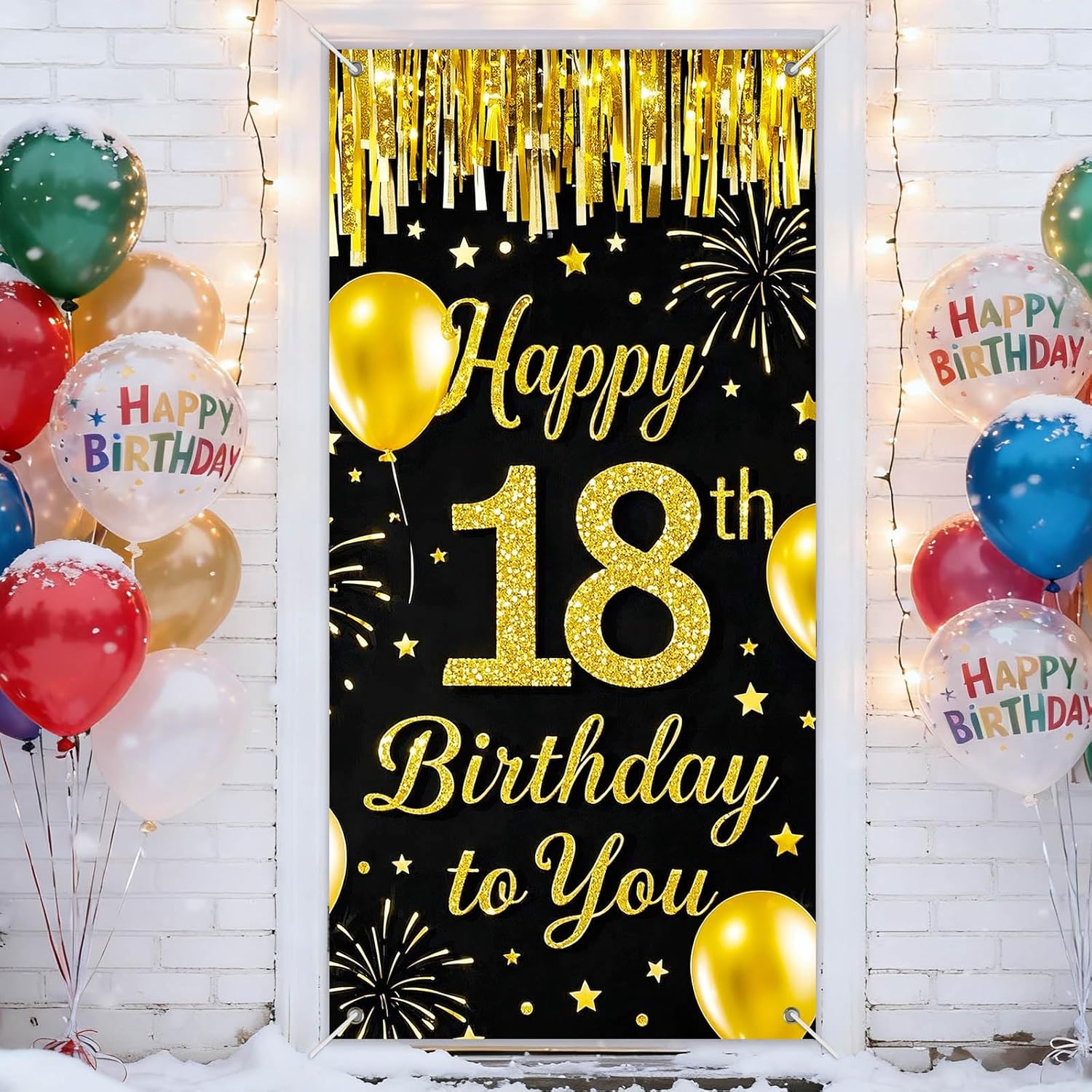 IVN 18th Birthday Door Cover 71x35 Inch Black Gold Birthday Banner for Party Decorations Balloons Stars Fireworks Backdrop Sign for Men Women Photo Booth Prop Wall Decor