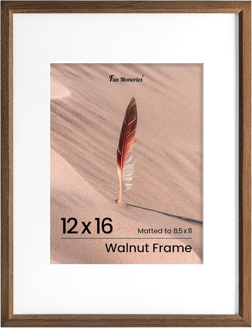 Fun Memories 12x16 Picture Frame, Solid Oak Wood Picture Frames, Modern Photo Frame for Wall 12x16 with 8.5x11 Mat, High Definition Plexiglass & Wall Hook Included (Walnut, 1 Pack)