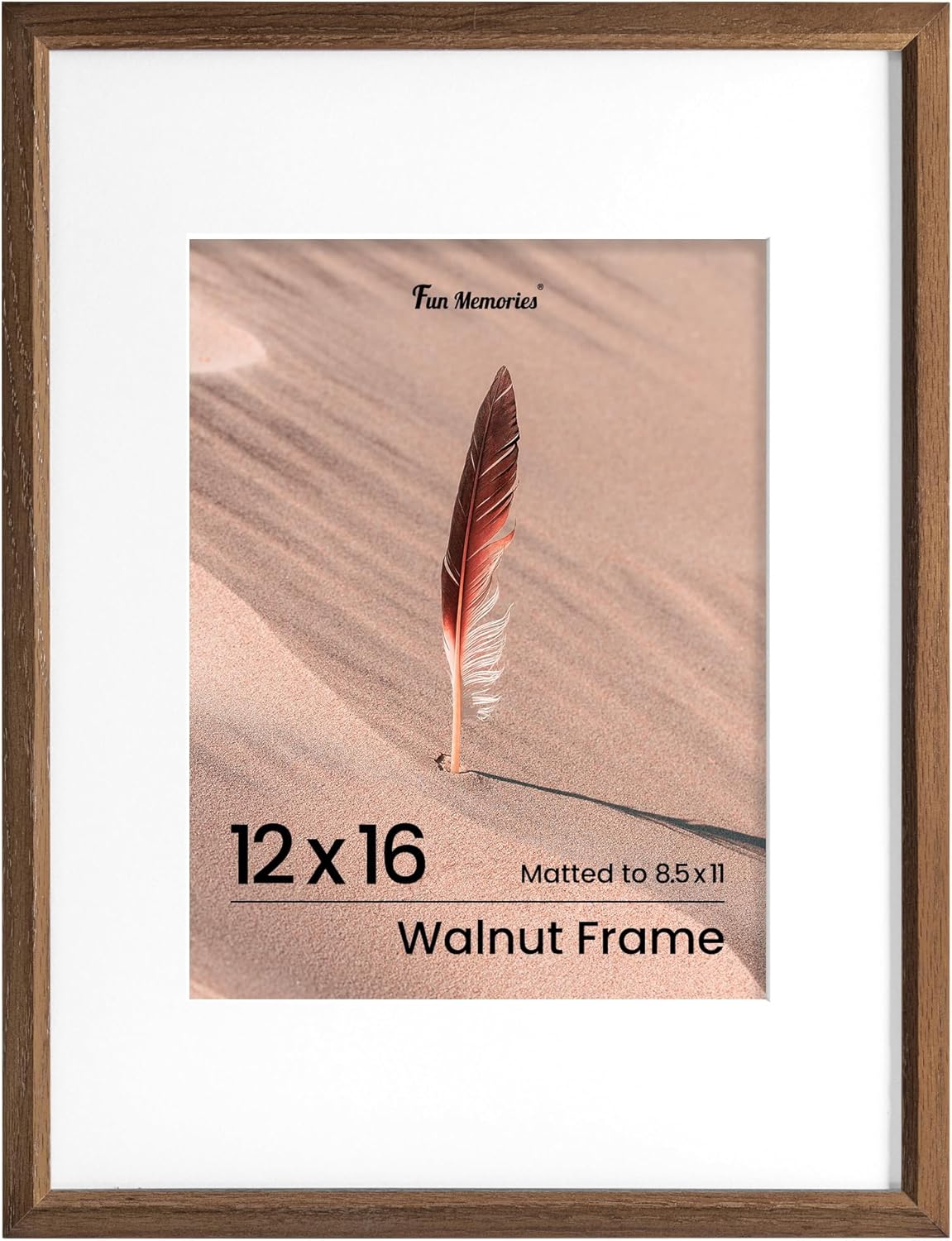 Fun Memories 12x16 Picture Frame, Solid Oak Wood Picture Frames, Modern Photo Frame for Wall 12x16 with 8.5x11 Mat, High Definition Plexiglass & Wall Hook Included (Walnut, 1 Pack)