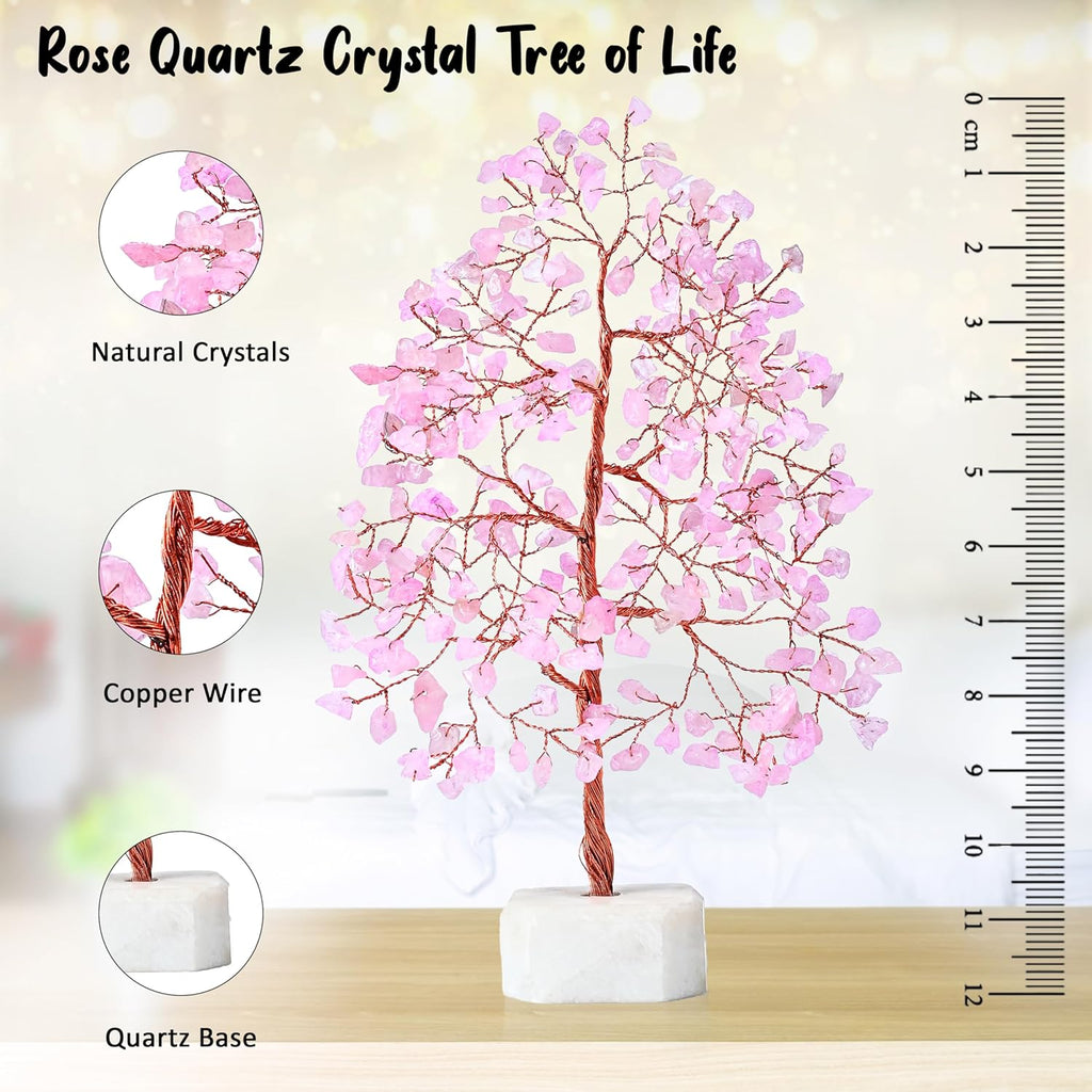 Rose Quartz Crystal Tree Gemstone Tree of Life Quartz Base Chakra Bonsai Tree for Room, Office & Bedroom Decor Spiritual Gift Meditation Birthday Gift for Women Mom her Sister Housewarming Gifts Home