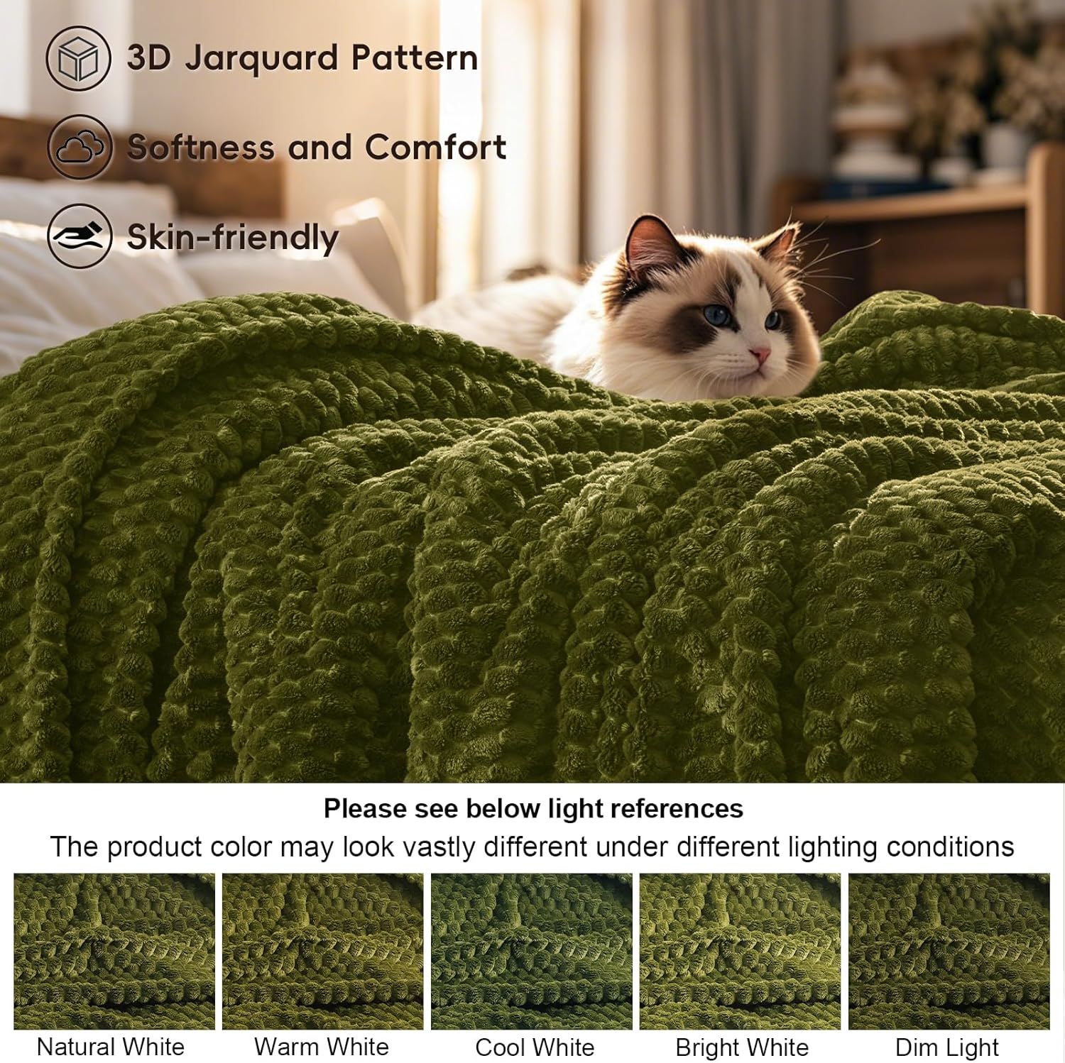 PHF Ultra Soft Flannel Fleece Blanket King Size, Lightweight 3D Jacquard Fleece Blanket, No Shedding, No Pilling, Luxury 340GSM Aesthetic Fluffy Cozy for Bed Room Decor, 108"x90", Olive Green