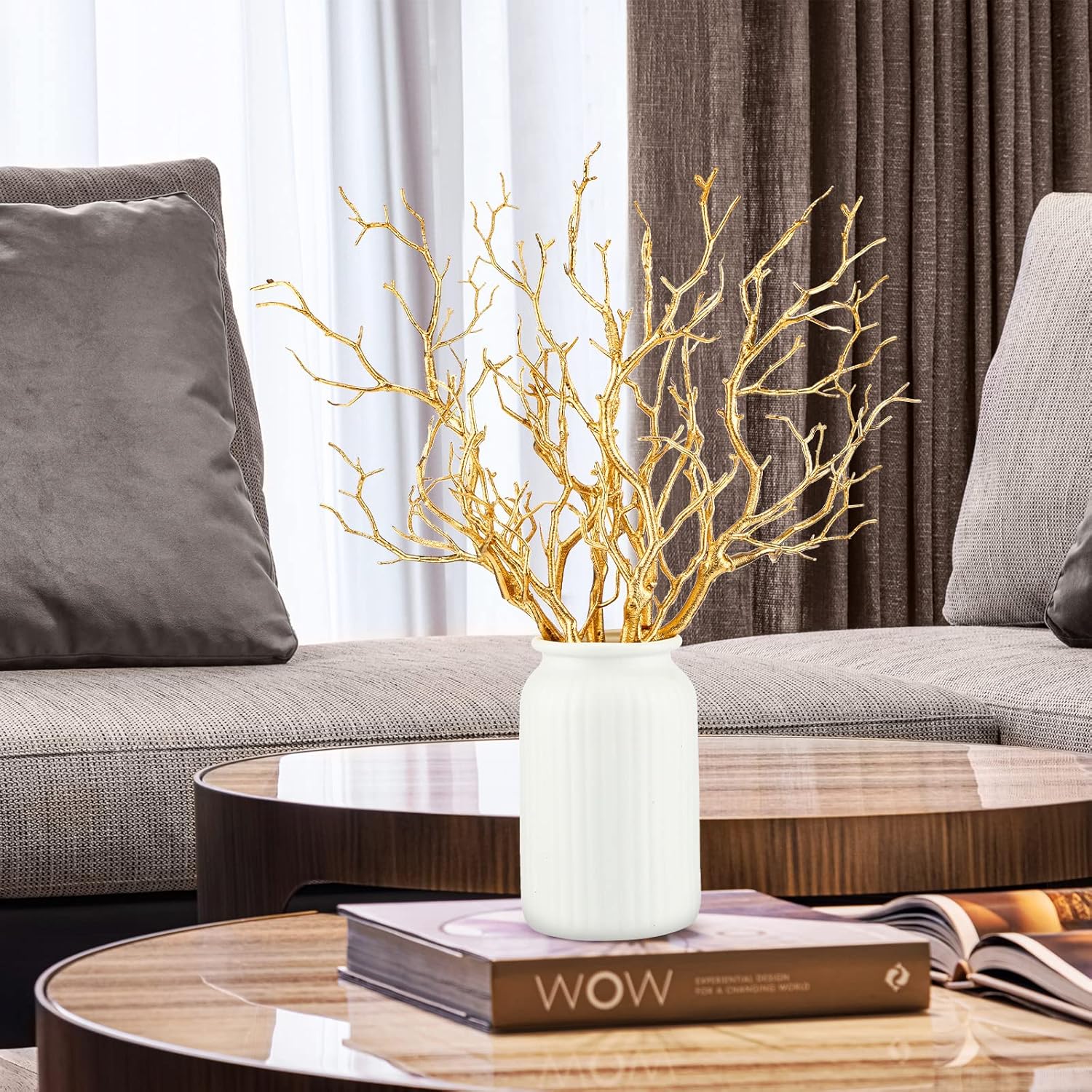 Geosar 13.8 Inch Small Manzanita Branches Plastic Faux Branches Artificial Antler Shaped Tree Branch Decorative Plant Twigs for Home Wedding Table Centerpiece Festival Decors(Gold,10 Pieces)