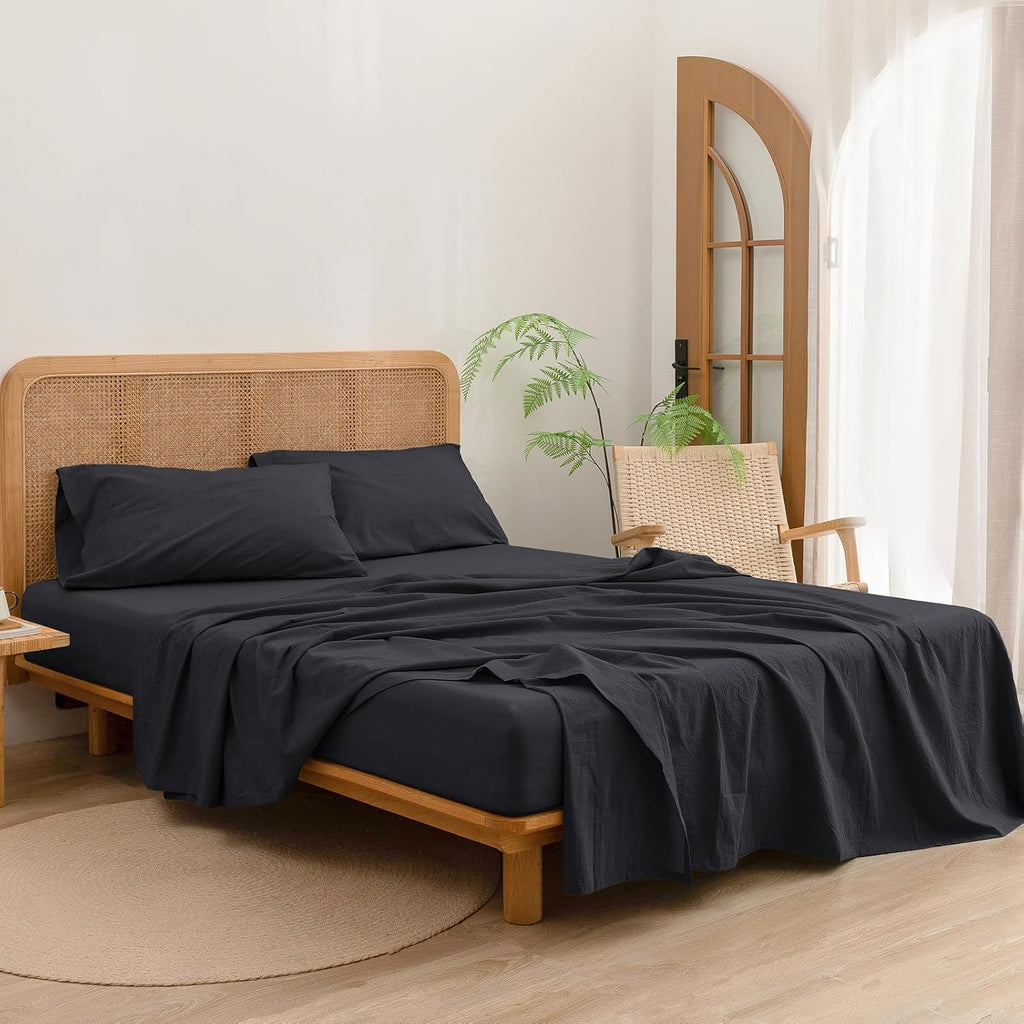 BESTOUCH Sheet Set 100% Washed Cotton Linen Feel Super Soft Comfortable Chic Lightweight 4 Pcs Home Bedding Set Solid Deep Black Queen