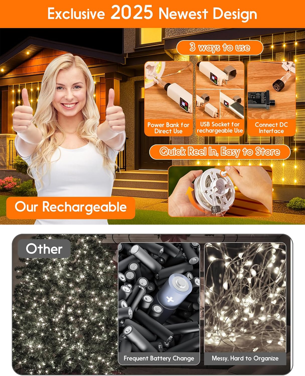 Anpro Outdoor String Lights Indoor: 66FT 200 LED Rechargeable String Lights for Outside, Quick Reel-in, Waterproof Camping Lights, 3 Timer 8 Modes, Christmas Twinkle Lights Decor for Yard, Patio