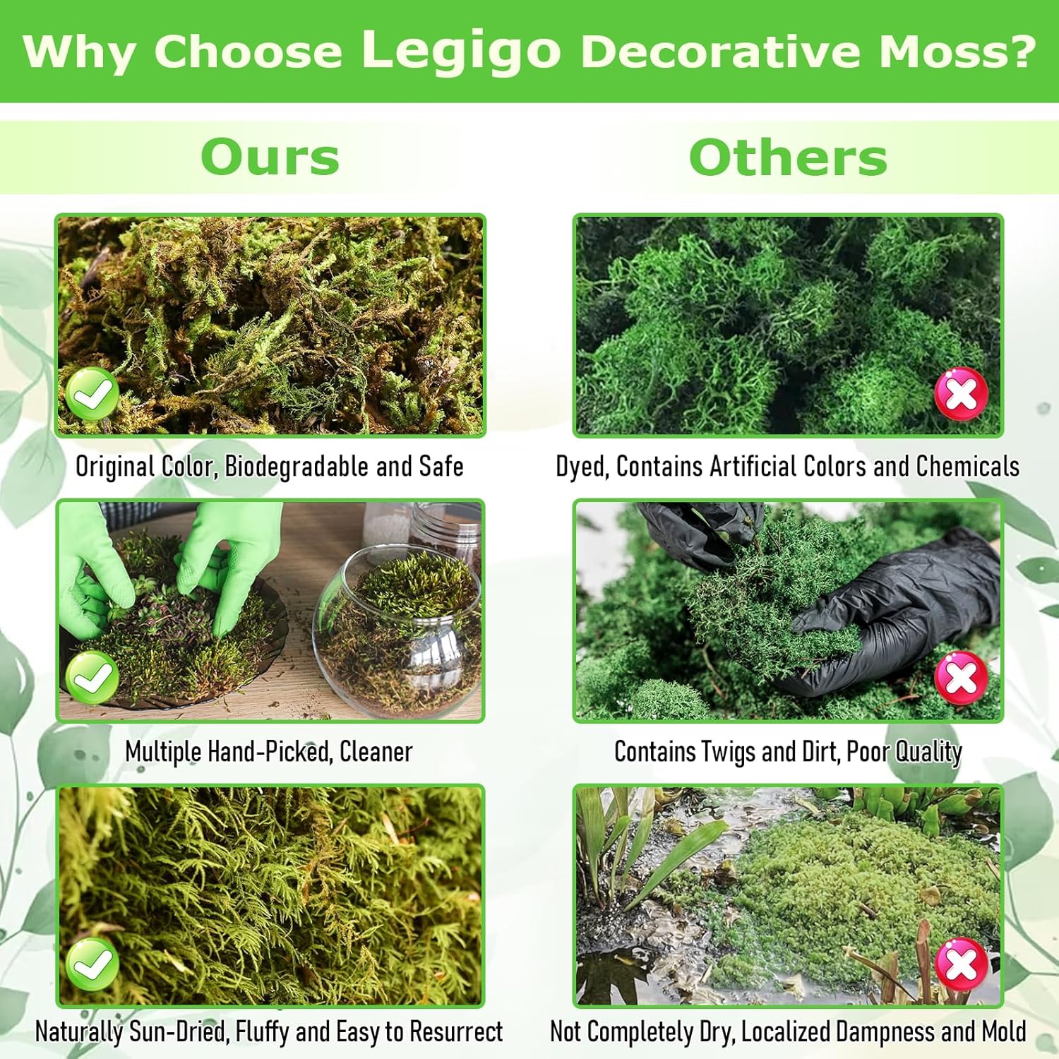 Legigo 1.3 LBS Green Moss for Crafts, Real Forest Moss for Plants Indoor, Table Decorative Centerpieces, Artificial Fairy Garden, Wedding Party Decor, Fake Potted Plants and DIY Craft Projects