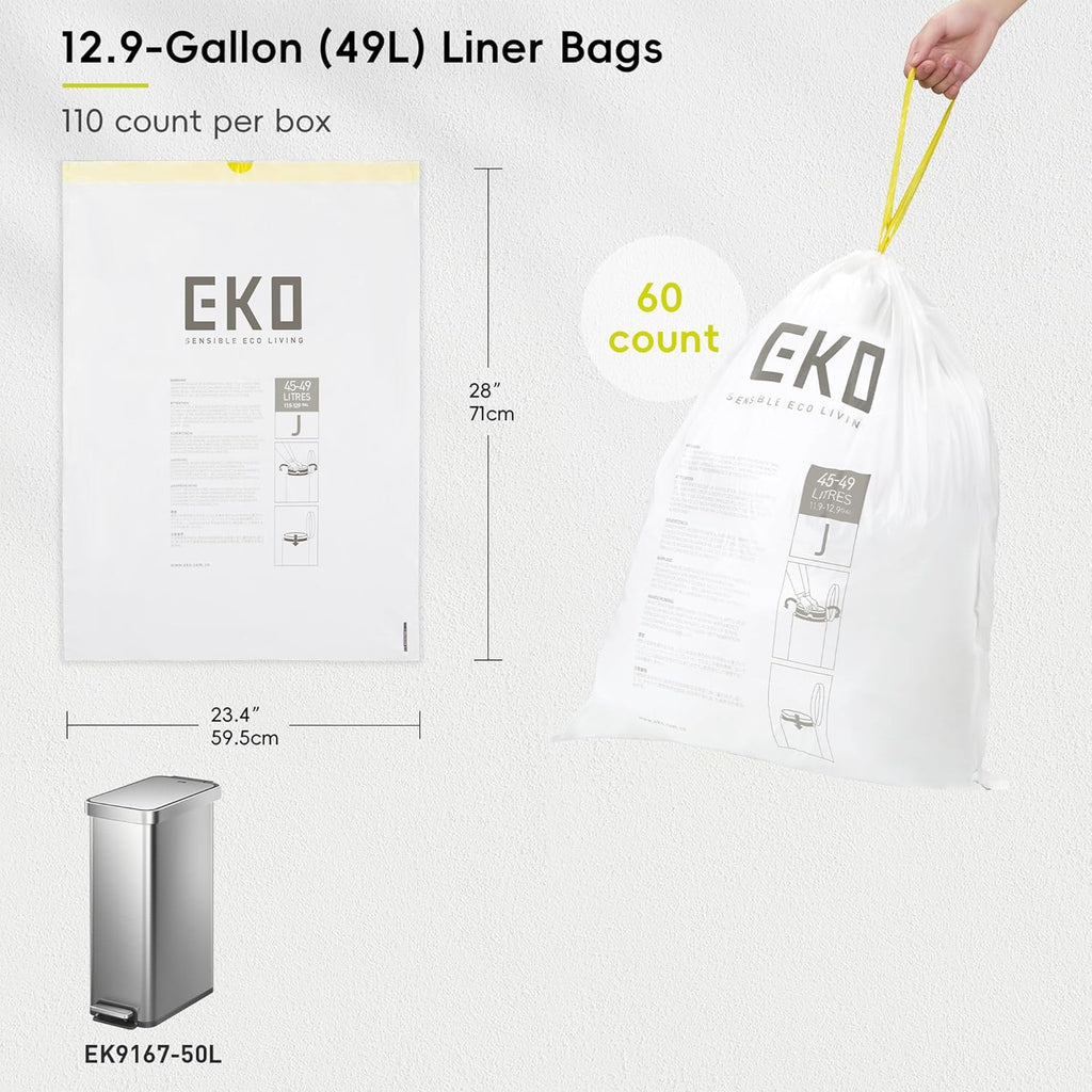 EKO 12.9 Gallon / 45-49 Liter, 110 Count Drawstring Trash Bags, Extra-Strong Unscented Garbage Bags, Easy-Dispense Roll for Kitchen & Household Use, Resists Tears, Leaks and Punctures, Code J, White