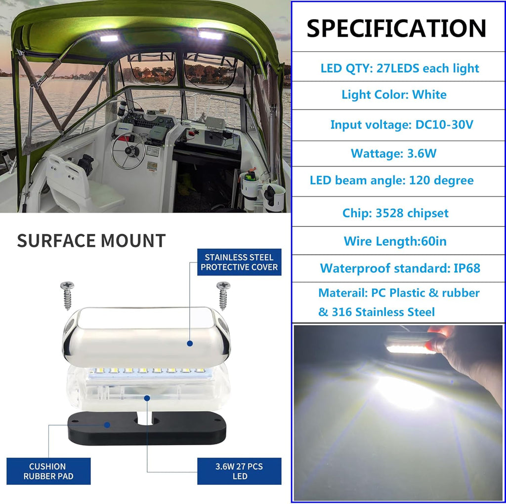 2Pcs White Marine Boat LED Lights,27 LEDs Waterproof IP68 Stainless Steel Boat Deck Dock Pontoon Transom Yacht Trailer Stern Navigation Interior Lights,1200LM