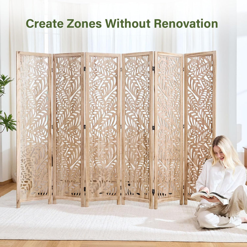 Leaf-Carved Room Divider Privacy Screen - 67 Inch Tall Foading Decorative Wood Screen Dividers Panel for Home - Natural Wood Room Partitions for Enhanced Privacy and Style Natural 6 Paned