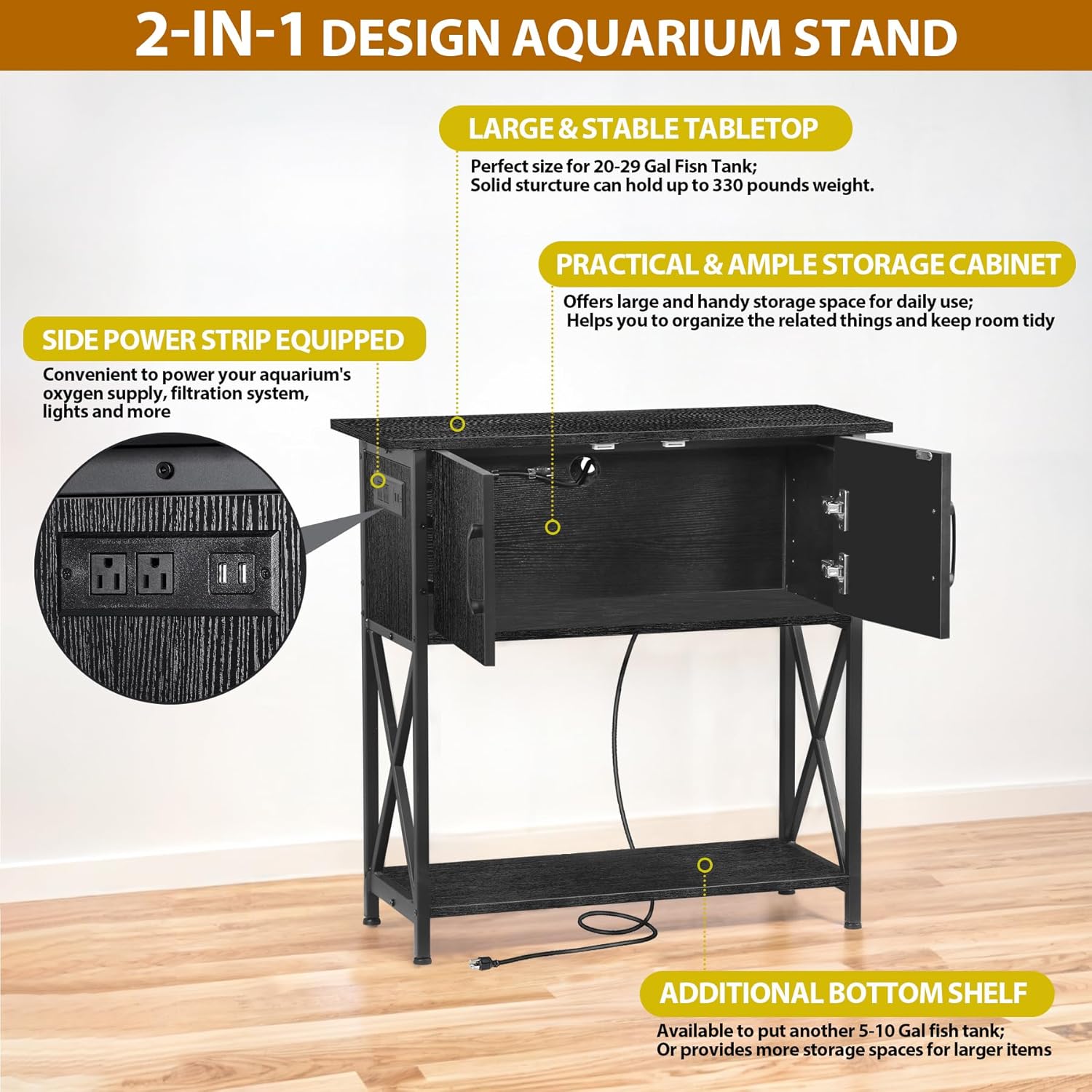 29 Gallon Aquarium Stand with Cabinet Storage – Metal Fish Tank Stand for 20 Gallon Long Aquariums, 330LBS Capacity (30.7" L*12.6" W)