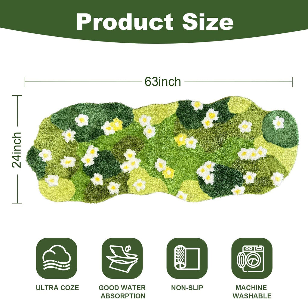 Moss Green Bathroom Rug ,Floral 5 x 2 Ft Runner,Ultra Thick Soft Irregular Shaped Rug,Water Absorbent Non Slip Microfiber Bath Mat For Shower Floor Decor,Aesthetic Trendy Rugs For Bedroom ,63x24 In
