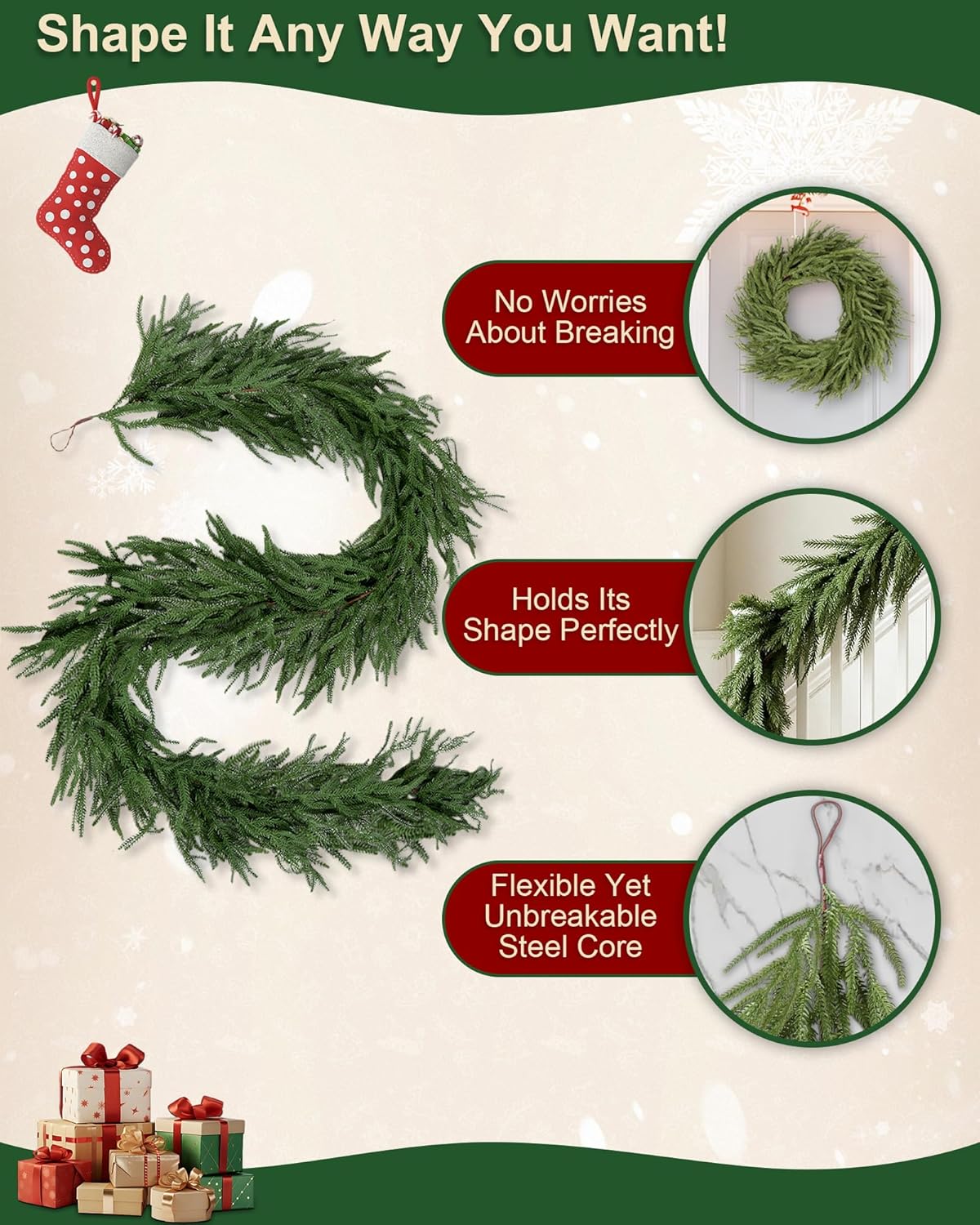 12FT (2 * 6FT) Artificial Christmas Garland, Real Touch Norfolk Pine Greenery Garland, Ultra Full & Lush Unlit Garland for Door, Mantle, Fireplace, Stair, Indoor Outdoor Xmas Decorations
