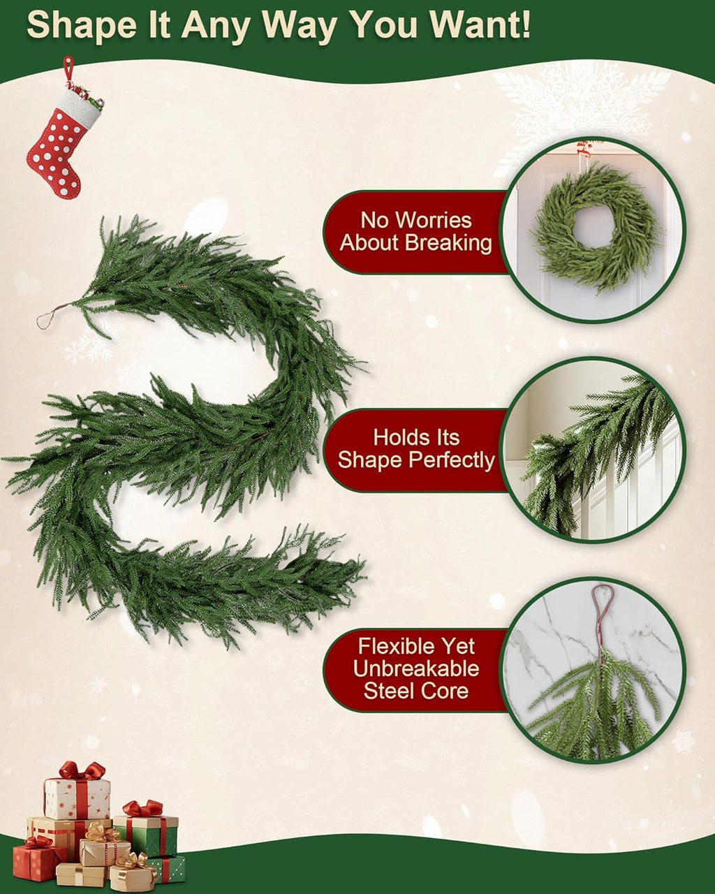 24FT (4 * 6FT) Artificial Christmas Garland, Real Touch Norfolk Pine Greenery Garland, Ultra Full & Lush Unlit Garland for Door, Mantle, Fireplace, Stair, Indoor Outdoor Xmas Decorations