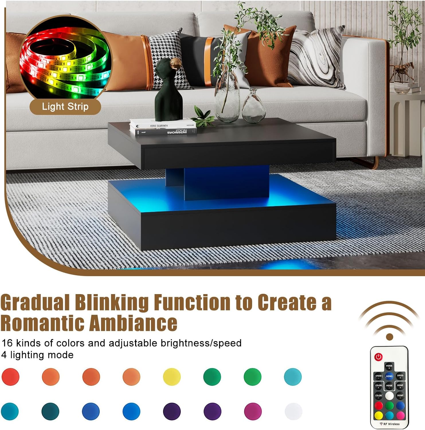 Black LED Coffee Table for Living Room, Living Room Table 2-Tier Square Middle Center Table, Modern Coffee Tables with Storage, Wood Tea Tables for Dining Reception, Skin Feeling
