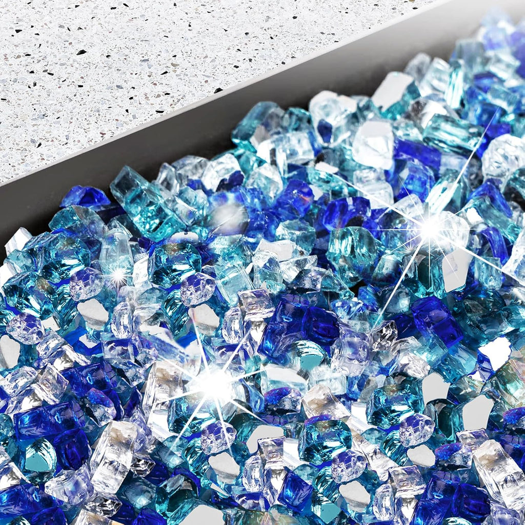 20 lbs Fire Glass for Propane Fire Pit, 1/2 Inch Fire Pit Glass Rocks for Gas Fireplace, Reflective Glass Rocks for Fire Pit Table, Blend of Cobalt Blue, Caribbean Blue and Platinum