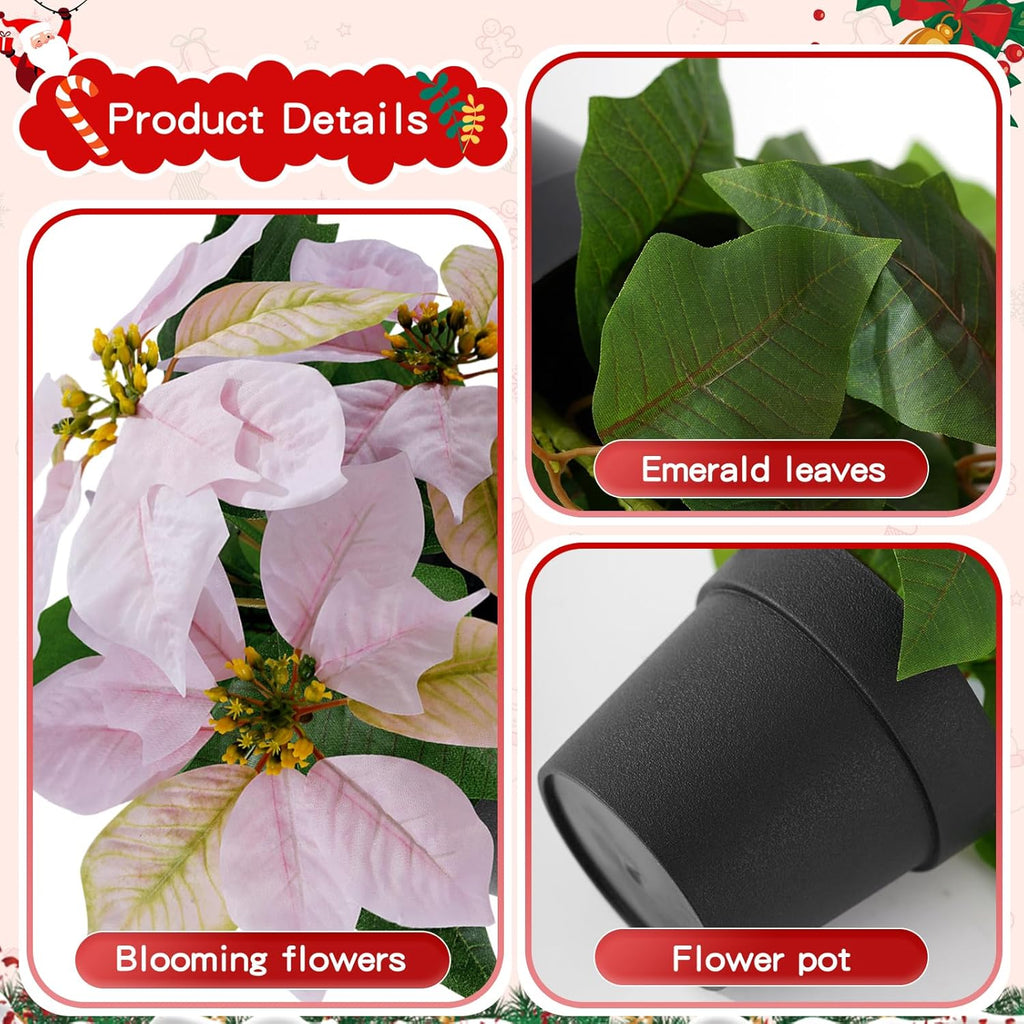 2 Pack Poinsettias Artificial Christmas Flowers Small Pink Poinsettia Plant Artificial 9 Inch Faux Winter Flowers for Porch Home Garden Decorations Indoor Outdoor Xmas Ornament