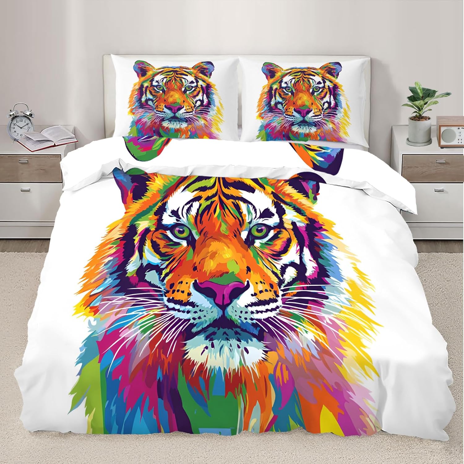 Tiger Duvet Cover California King, Tie Dye Tiger Bedding Set 3 Piece Bedroom Decor Colorful Wildlife Comforter Cover and 2 Pillow Sham with Zipper Closure