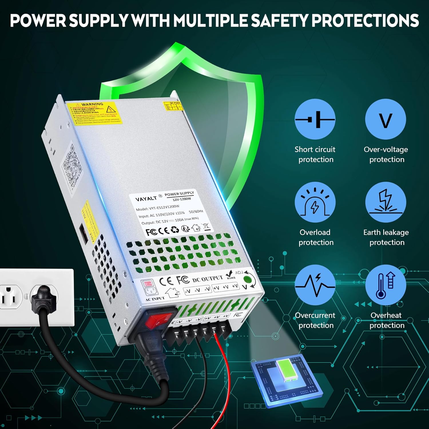 VAYALT DC 12V 100A 1200W Switching Power Supply, 110V/220 V Power Supply AC to DC Converter, Universal Regulated Switching,12V Power Supply for CCTV Camera System,3D Printer,Led Strip,Computer Project