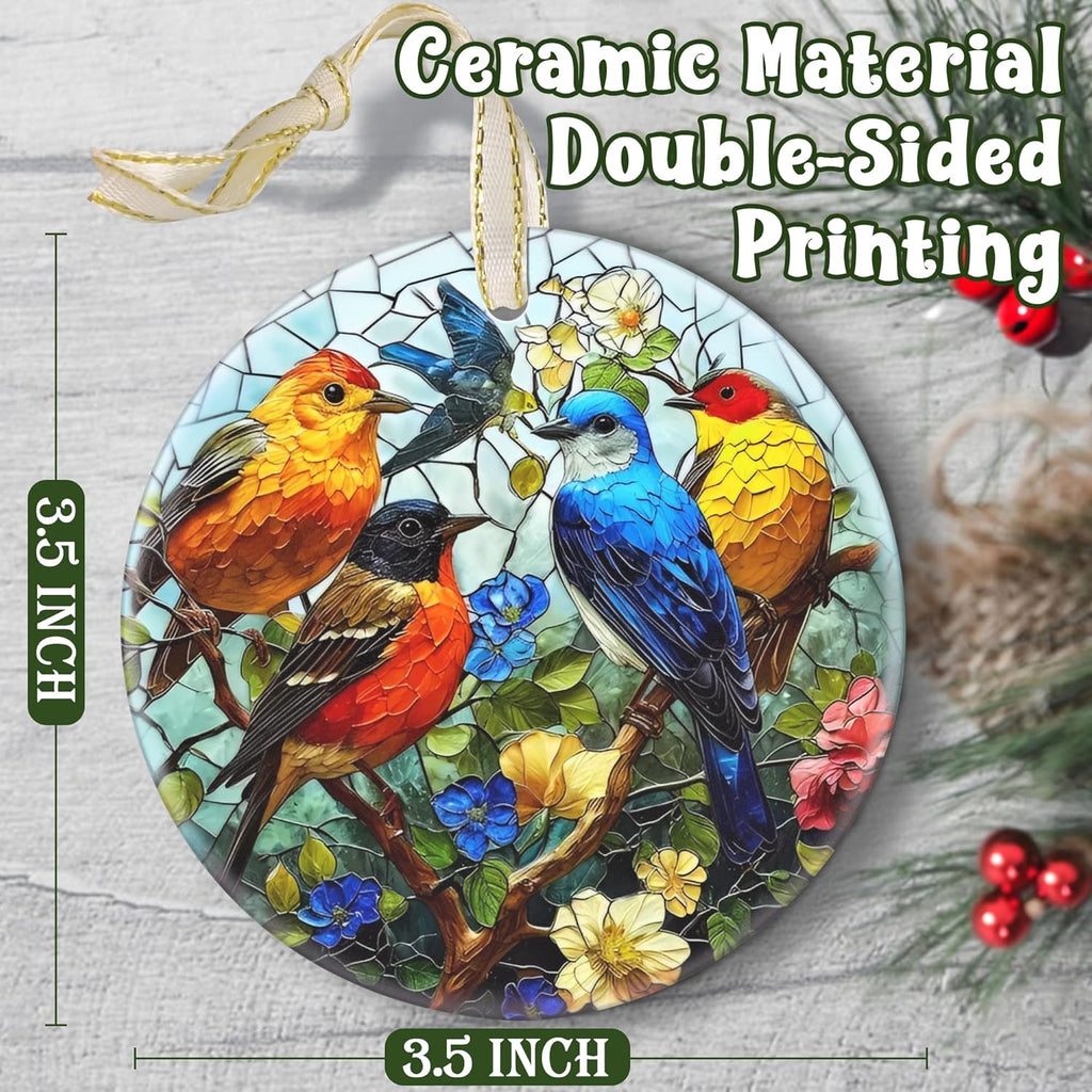 2025 Christmas Ornament, Christmas Tree Decoration, Round Ceramic Holiday Tree Decor - Birds on Branches. Gift Idea for Friends