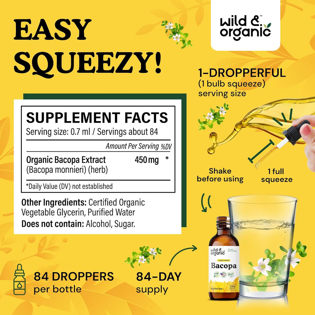 Wild & Organic Bacopa Tincture - Supports Calm, Focus, Clarity - Bacopa Monnieri Supplement Liquid - Alcohol-Free Drops with Brahmi Extract - Vegan, Sugar-Free - 2-Month Supply - 2 fl oz