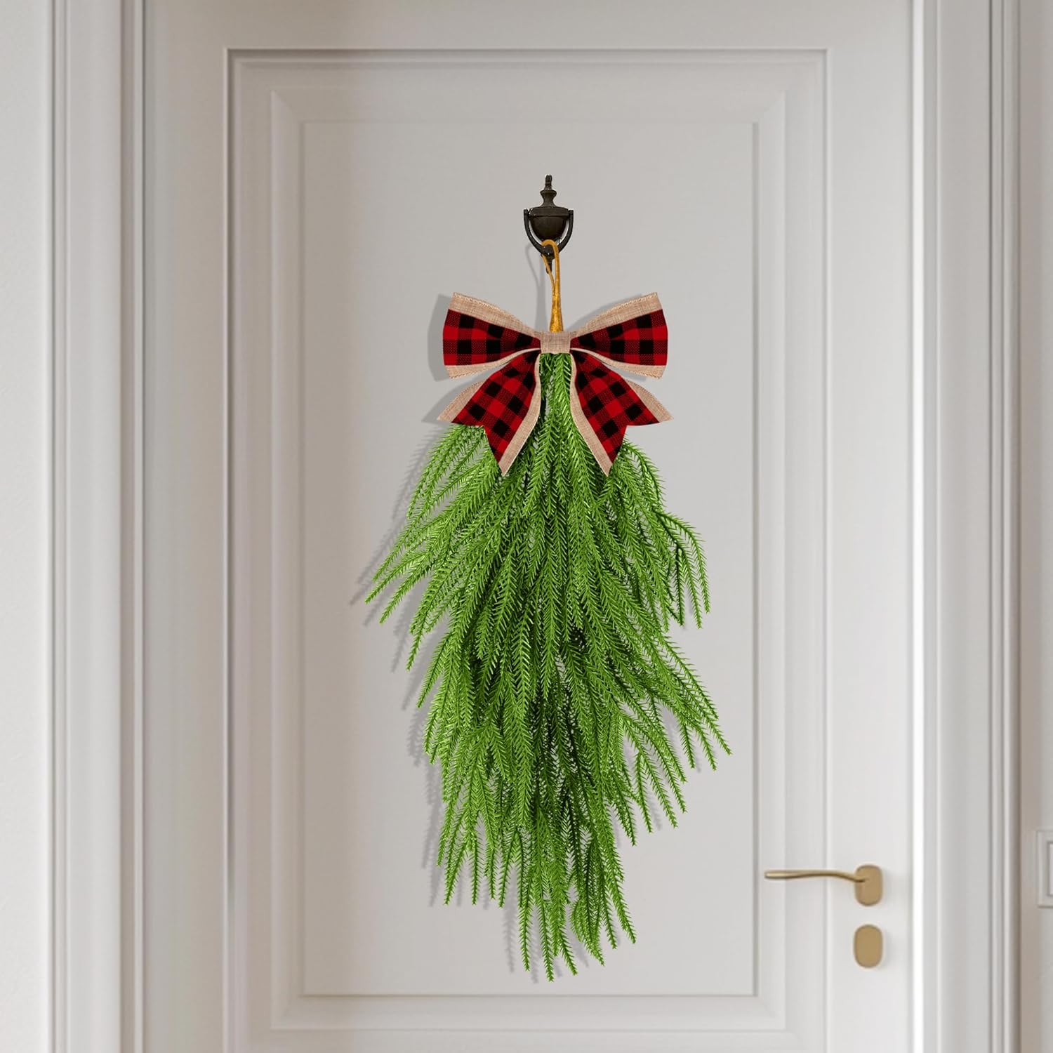 2 Pcs Artificial Christmas Teardrop Swag with Plaid Bow, 28" Faux Pine Needles Teardrop Door Swag, Christmas Norfolk Greenery Teardrop Wreath for Xmas Door Mantle Fireplace Indoor Outdoor Decor