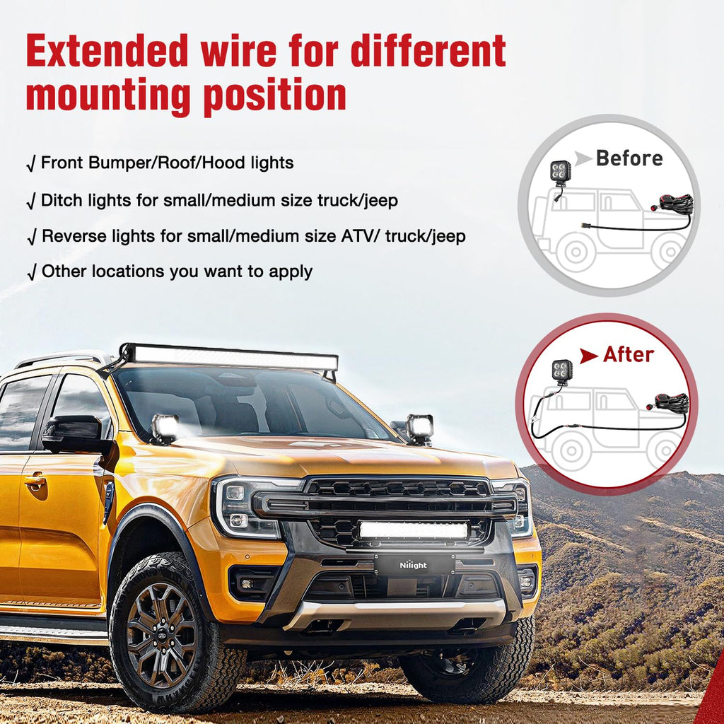Nilight 2 PCS 16AWG 10 Feet Wiring Harness Extension Kit, Extended Plug and Play 2-pin Socket DT Connector Wire Cord for Offroad LED Light Bar Driving Fog Boat Work Lights