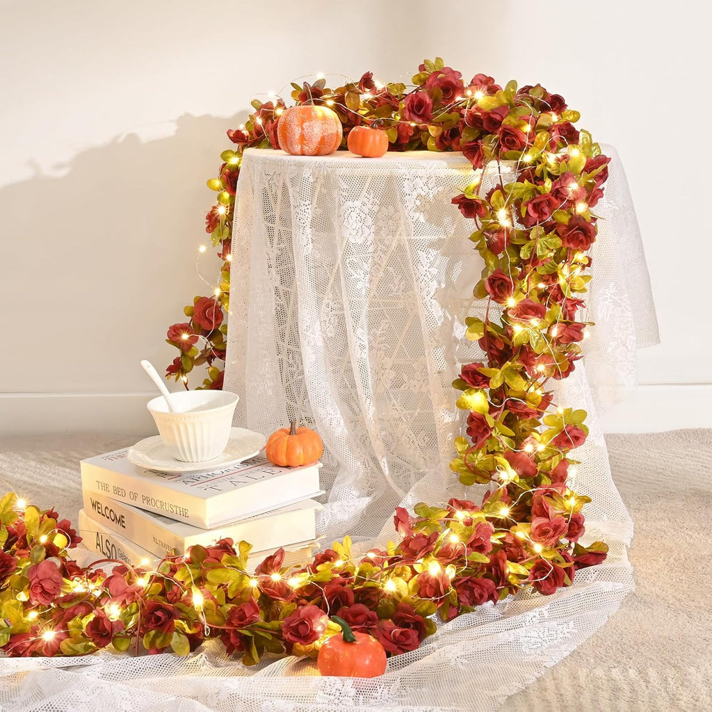 BLEUM CADE 5Pcs 41Ft Flowers Garland Artificial Rose Vines with 32.8Ft String Lights, Cute Fake Hanging Flower Vines Floral Garland Decorations for Wedding Party Wall Room Decor Aesthetic