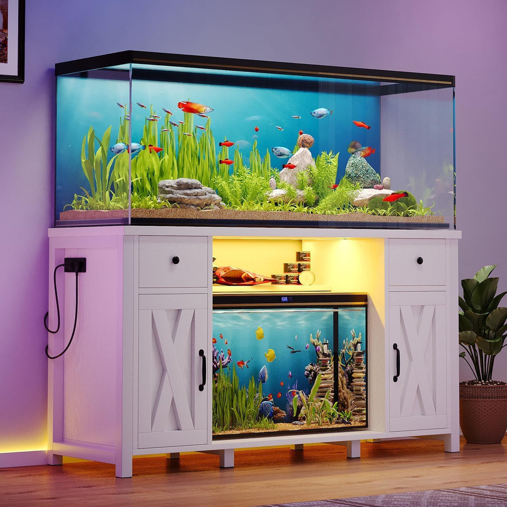 75 Gallon Fish Tank Stand with LED Light & Power Outlets, 55-75 Gallon Aquarium Stand with 2 Drawers & 2 Barn Doors, 52" L x 20" W Cabinet for 2 Fish Tank Accessories Storage, Turtle Tank, White