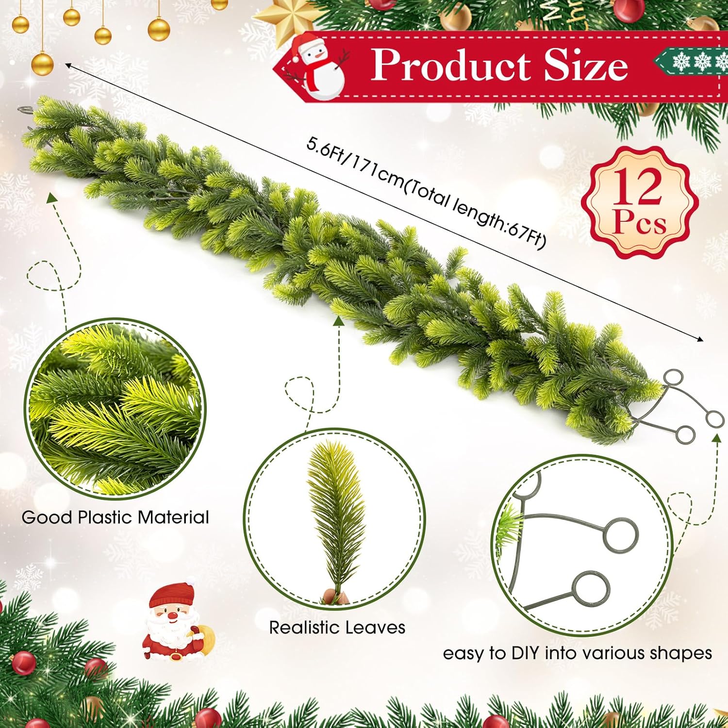 12 Pcs 5.6ft Artificial Christmas Garland Faux Spruce Pine Garlands Realistic Leaves Hanging Greenery Plant for Christmas Table Fireplace Wall Mantle Indoor Xmas Decor