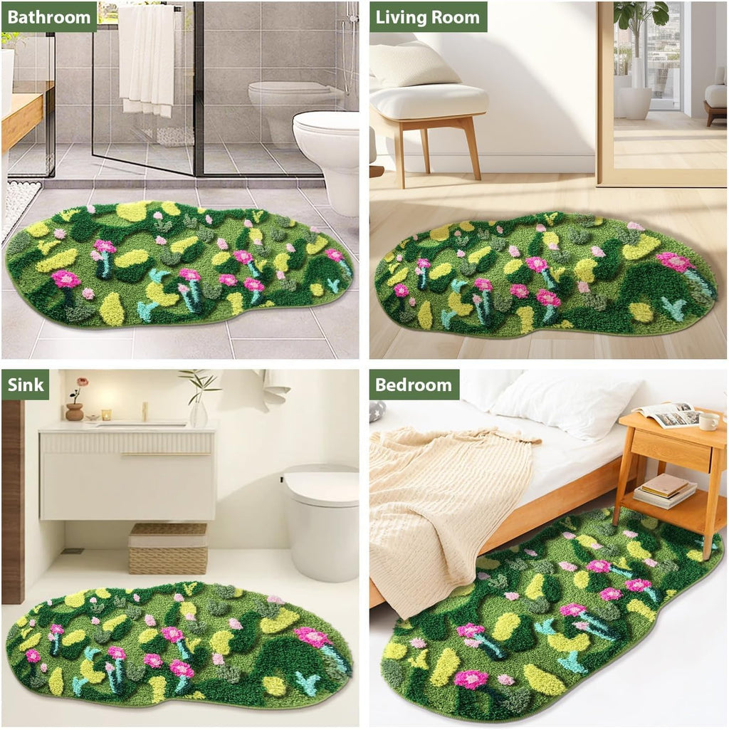 Green Floral Large Bathroom Rugs Bath Mat 3ft Non Slip Washable,3D Moss Rug Aesthetic Irregular Shaped Carpet for Bedroom,Tufted Rugs for Bedroom Dorm,Microfiber Grass Mat for Playroom Cute 40 X 20IN