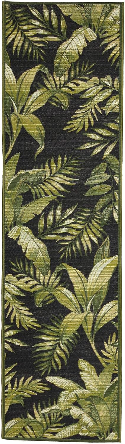 Liora Manne Marina Indoor/Outdoor Power Loomed Synthetic Blend Low Profile Area Rug - Transitional Graphic Botanical Beach Camping (Jungle Leaves Black) (1'11" x 7'6")