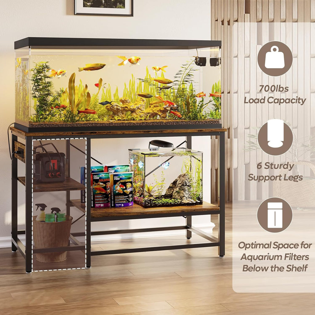 Bestier 55 Gallon Fish Tank Stand with Power Outlet, 49x13 Metal Aquarium Stand with Filter Storage, 6-Leg Long Reptile Tank Stand with 3-Tier Adjustable Storage Shelves, 700LBS Capacity