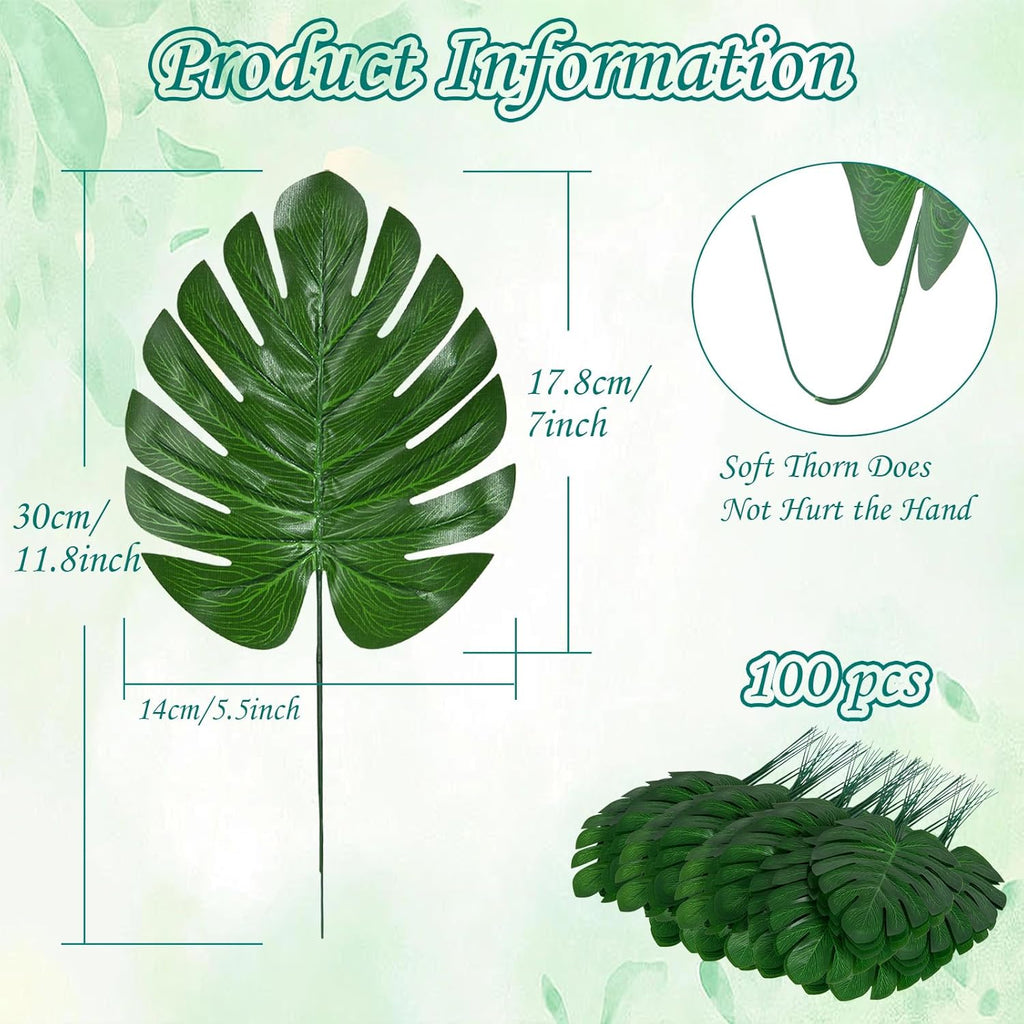 XONOR 100Pcs Artificial Monstera Leaves Fake Tropical Faux Palm Leaves with Stem for Jungle Hawaiian Dinosaur Luau Party Table Decoration Wedding Birthday Theme Party, Leaf Size: 7''x 5''