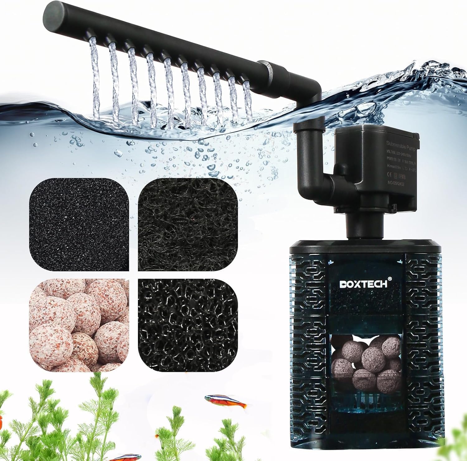 UPETTOOLS Fish Tank Filter for 20-40 Gallon Aquariums – Ultra Quiet Double Sponge Filter with Built-in Water Pump & 4-Stage Filtration System