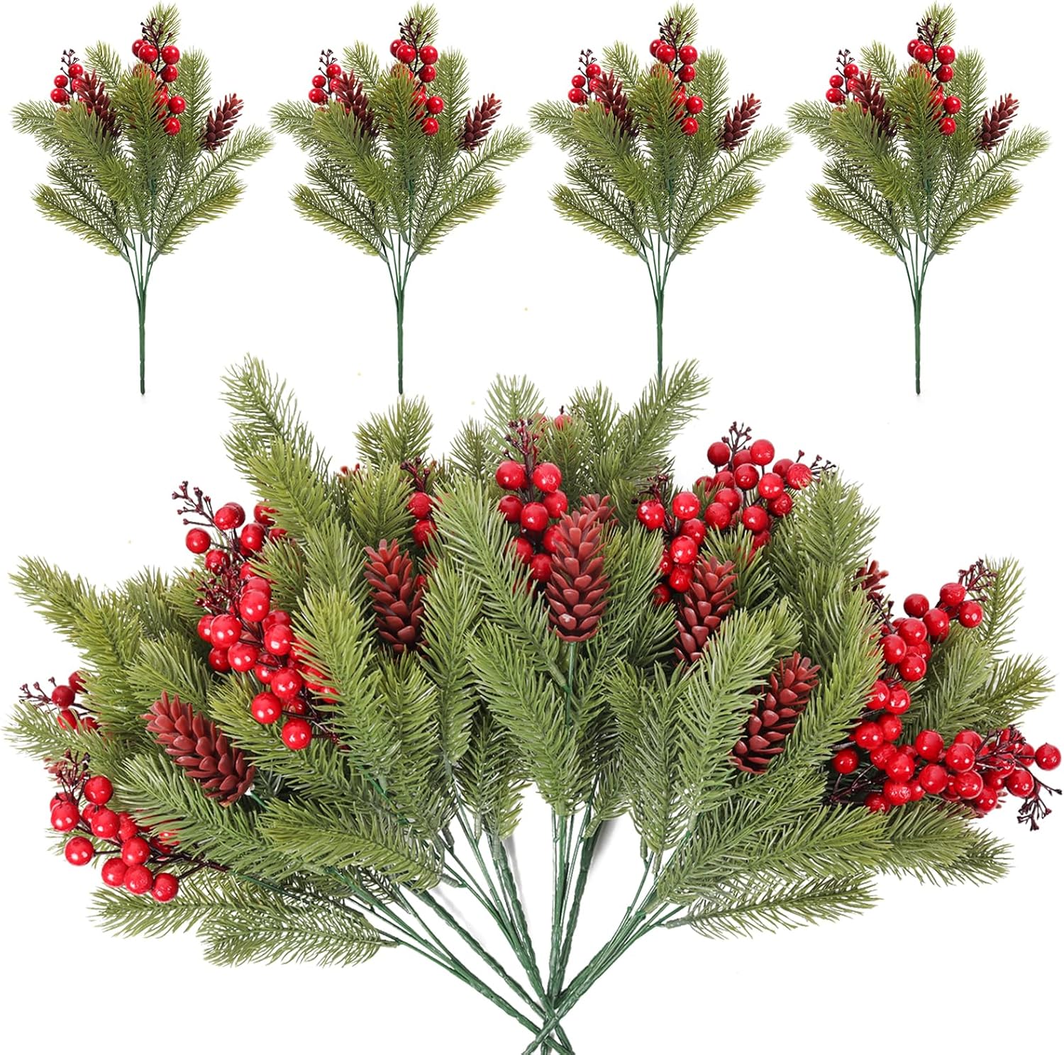 RECUTMS Artificial Pine Branches with Cones and Artificial Red Berry Stems Fake Pine Branch for Decorating Faux Branches Faux Greenery for Table Fireplace Bar Party Holiday Decor in 8 Pcs（Green）