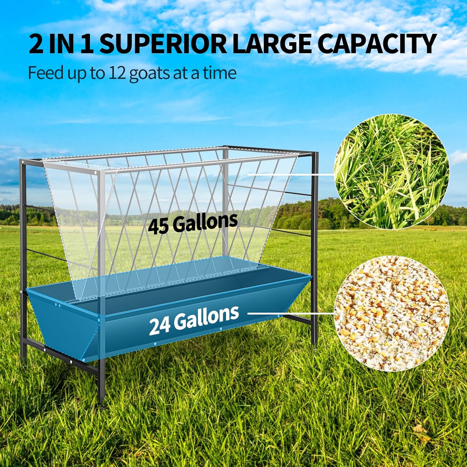 RYFT 2 in 1 Pasture Hay Feeder 45 Gallon Livestock Feed Trough with 24 Gallon Feed Pan, Hay Grain Livestock Feeder for Sheep, Calf, Cow and Horse
