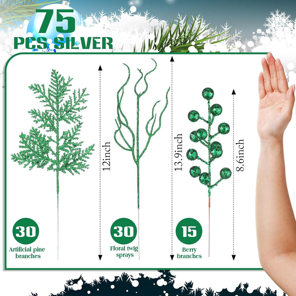 75 Pcs Christmas Glitter Branches 3 Styles Artificial Christmas Picks Berries Stems Pine Needles Floral Twig Spray for Xmas Tree Ornaments DIY Wreath Garland(Green)
