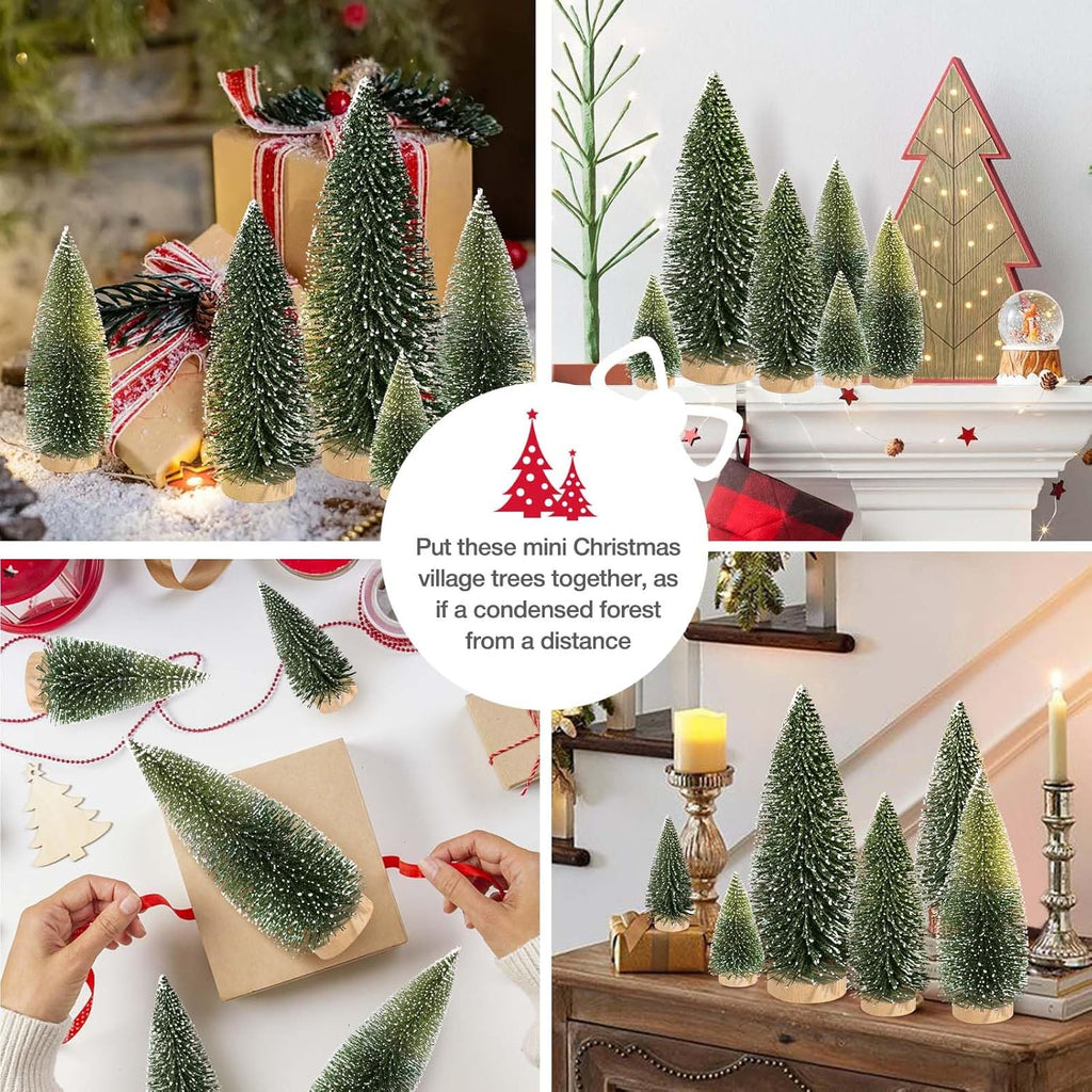 9Pcs Mini Christmas Trees Christmas Decor Artificial Christmas Decorations with 4 Sizes, Christmas Tree Bottle Brush Trees Christmas Table Decorations (Dark Green Two-Tone)