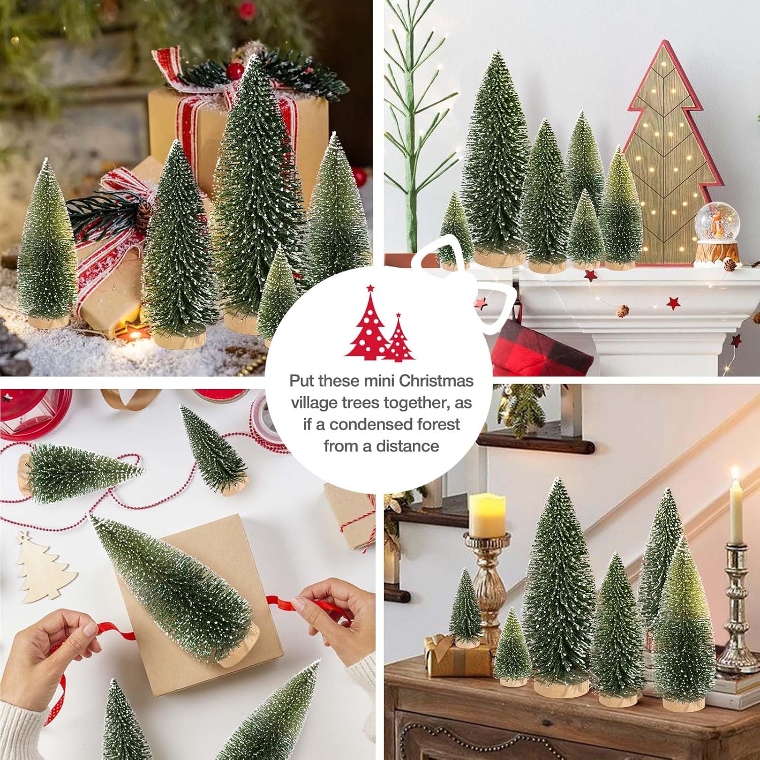 9Pcs Mini Christmas Trees Christmas Decor Artificial Christmas Decorations with 4 Sizes, Christmas Tree Bottle Brush Trees Christmas Table Decorations (Dark Green Two-Tone)