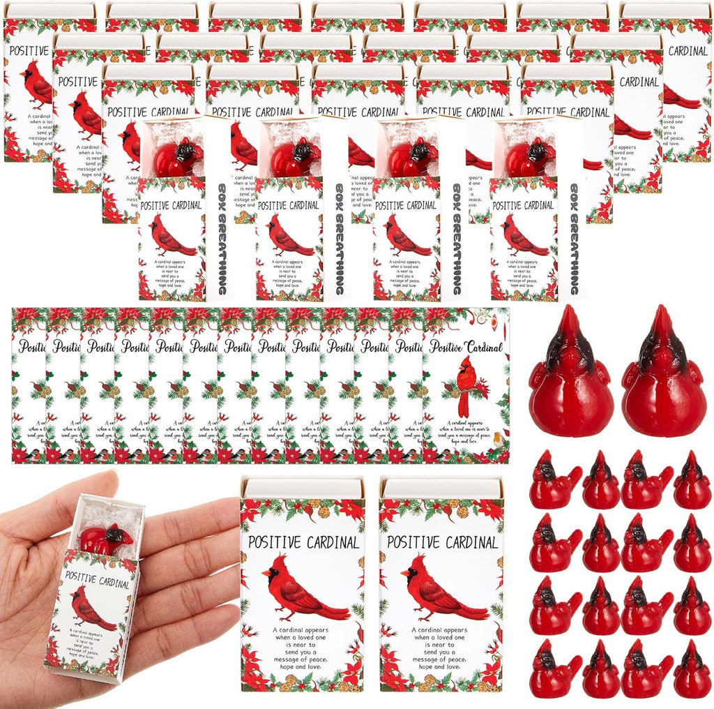 Thyle 50 Set Christmas Employee Appreciation Gifts Bulk Mini Resin Red Cardinal Bird Figurines Christmas Party Favors Set Including Resin Red Cardinal, Mini Box, Positive Cards and Fake Snowflake