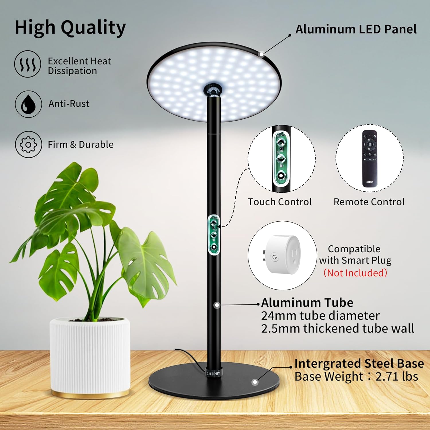 chiphy Desk Grow Lights for Indoor Plants, Full Spectrum LED Plant Light, 40W Aluminum Tabletop Grow Lamp, Automatic Timer 4H/8H/12H, 16''-30'' Height Adjustable, Remote for Large Small Plants
