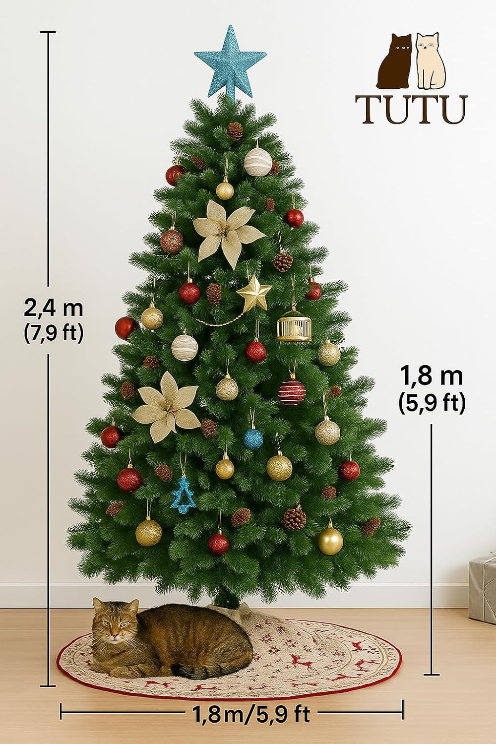 Christmas Tree with Topper – Artificial Pine Tree – Multiple Sizes & Colors (Pure Green, 8ft)