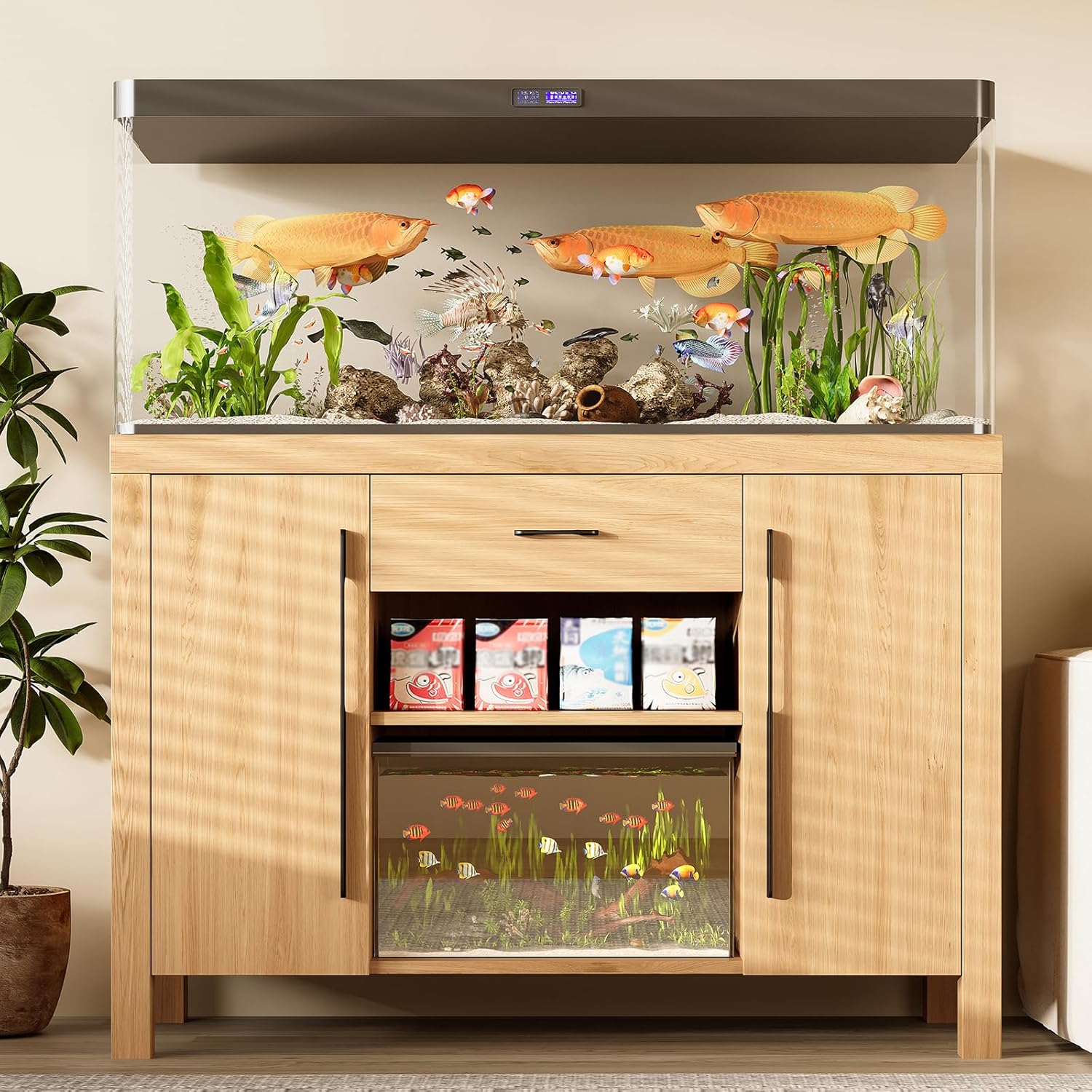 55–75 Gallon Fish Tank Stand with Cabinet Storage and Power Outlets (4 AC 2 USB), Natural Wood Aquarium Cabinet with Drawer & Shelves, MDF + Pine Frame, 880LBS Capacity