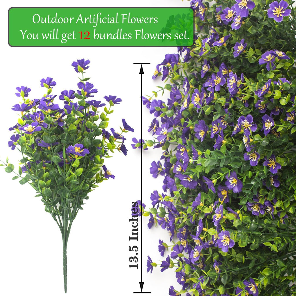 Outdoor Artificial Flowers UV Resistant & Fade Proof, 12 Pack Realistic Fake Flowers for Garden, Patio, Lawn Decor - Weatherproof Plastic Plants (Purple)