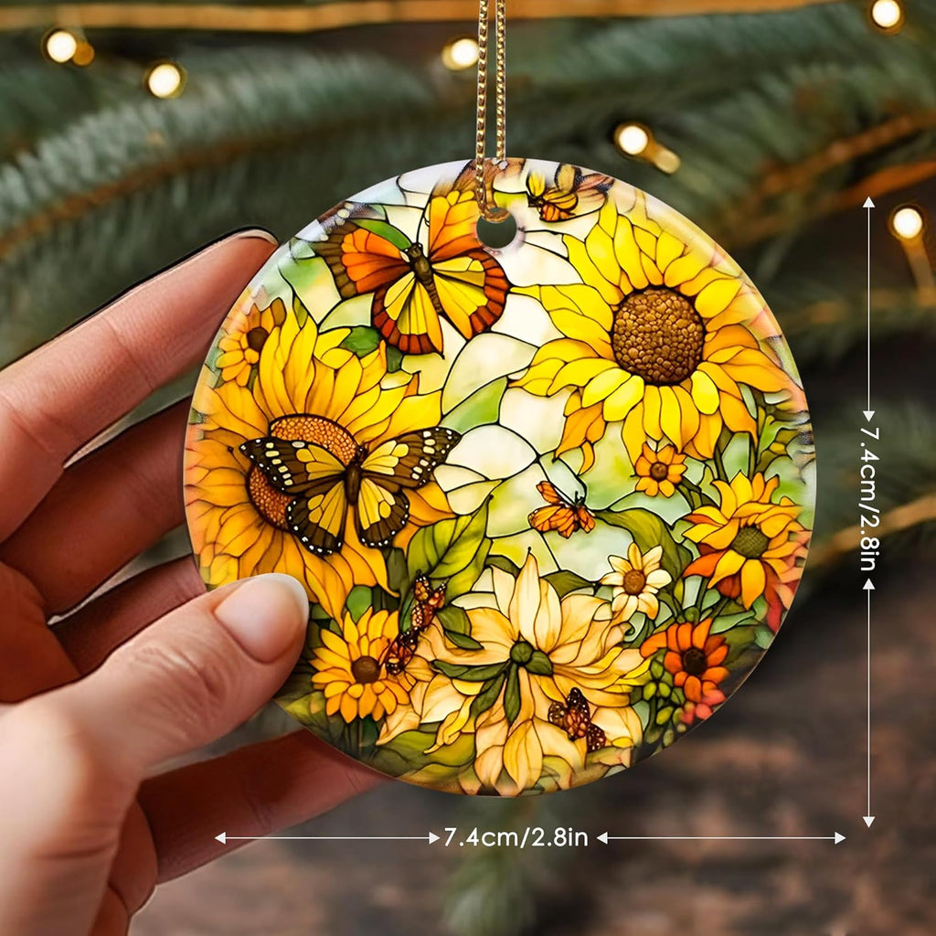Stained Ceramic Butterfly with Sunflower Christmas Hanging Ornament for Tree Decorations Ideas